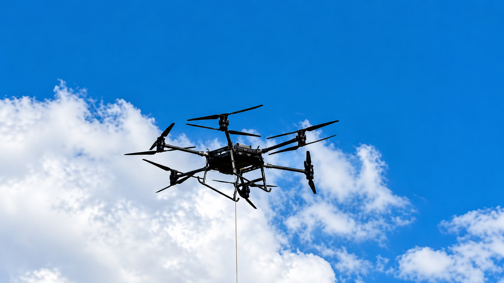Heavy-lift drone carrying a crate over snow-capped Himalayan peaks